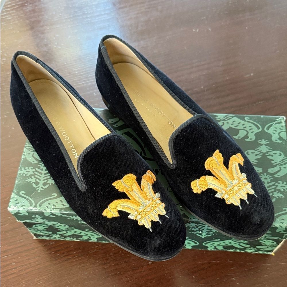 Stubbs & Wootton Black Velvet Loafers with Gold Fleur-de-Lis